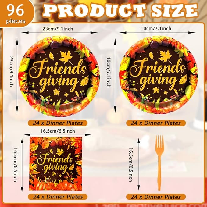 96 Pieces Friendsgiving Tableware Set Party Supplies - Fall Thanksgiving Pattern Disposable Dinnerware with Paper Plates, Napkins, Forks for Autumn Harvest, and Friendsgiving Dinner BBQ Picnic Favors
