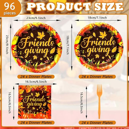 96 Pieces Friendsgiving Tableware Set Party Supplies - Fall Thanksgiving Pattern Disposable Dinnerware with Paper Plates, Napkins, Forks for Autumn Harvest, and Friendsgiving Dinner BBQ Picnic Favors