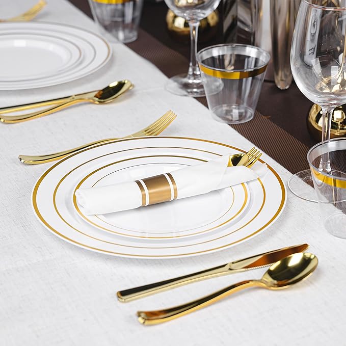 350PCS Gold Plastic Plates Dinnerware Set, Thanksgiving Disposable Plates, 50 Dinner and 50 Dessert Plates, 50 Pre Rolled Napkins with Silverware and 50 Cups for Party and Wedding