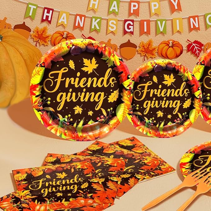 96 Pieces Friendsgiving Tableware Set Party Supplies - Fall Thanksgiving Pattern Disposable Dinnerware with Paper Plates, Napkins, Forks for Autumn Harvest, and Friendsgiving Dinner BBQ Picnic Favors