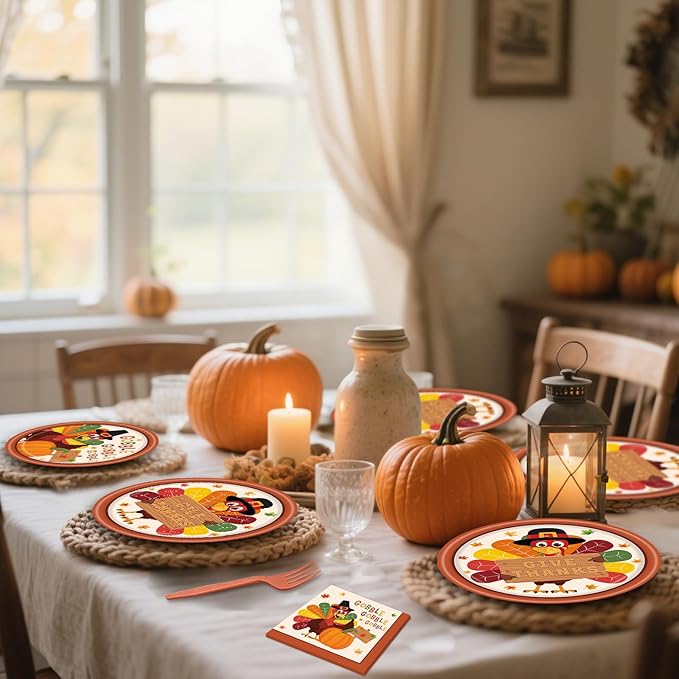 100 Pcs Thanksgiving Turkey Tableware Party Supplies – Disposable Fall Dinnerware Set with Paper Plates, Napkins, and Forks for Autumn Celebrations, Friendsgiving, and Thanksgiving Dinner – Serves 25