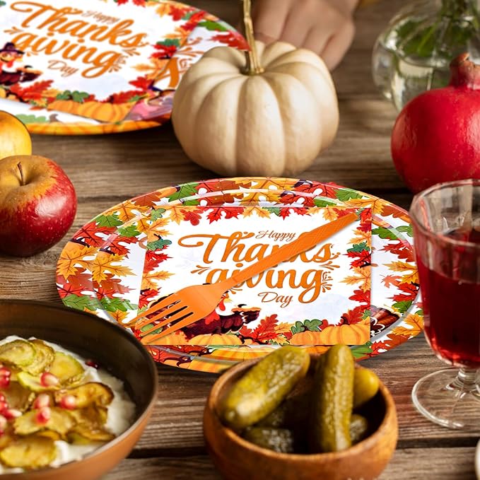 96 Pieces Happy Thanksgiving Tableware Set Party Supplies - Fall Harvest Pattern Disposable Dinnerware with Paper Plates, Napkins, Forks for Autumn and Thanksgiving Dinner BBQ Picnic Favors