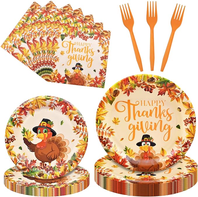 100 Pcs Thanksgiving Turkey Tableware Party Supplies – Disposable Fall Dinnerware Set with Paper Plates, Napkins, and Forks for Autumn Celebrations, Friendsgiving, and Thanksgiving Dinner – Serves 25