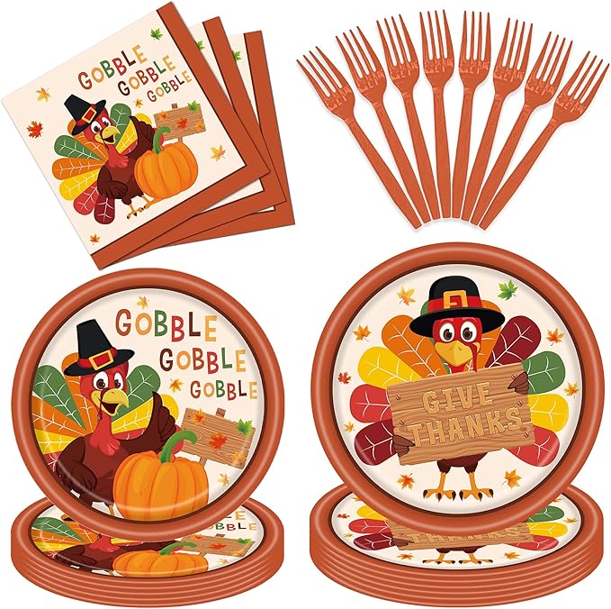 100 Pcs Thanksgiving Turkey Tableware Party Supplies – Disposable Fall Dinnerware Set with Paper Plates, Napkins, and Forks for Autumn Celebrations, Friendsgiving, and Thanksgiving Dinner – Serves 25