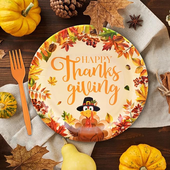 100 Pcs Thanksgiving Turkey Tableware Party Supplies – Disposable Fall Dinnerware Set with Paper Plates, Napkins, and Forks for Autumn Celebrations, Friendsgiving, and Thanksgiving Dinner – Serves 25
