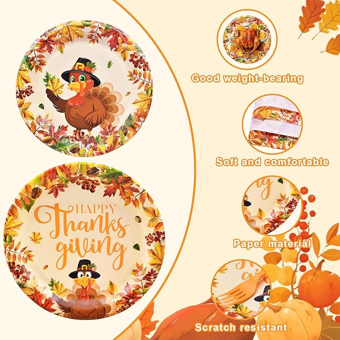 100 Pcs Thanksgiving Turkey Tableware Party Supplies – Disposable Fall Dinnerware Set with Paper Plates, Napkins, and Forks for Autumn Celebrations, Friendsgiving, and Thanksgiving Dinner – Serves 25