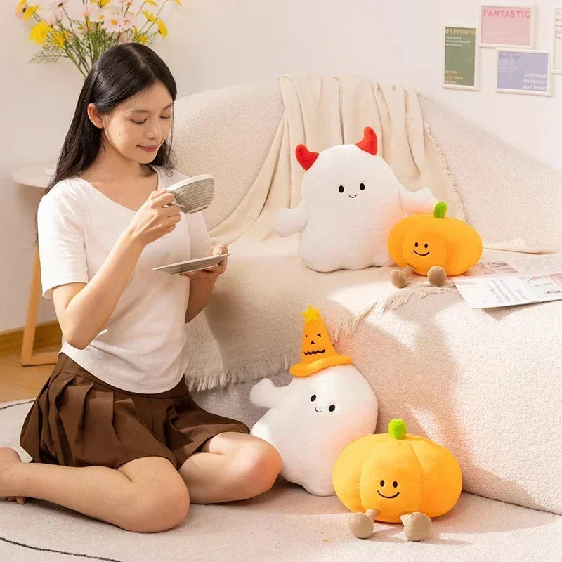 Adorable Smiling Pumpkin Ghost Plush for Halloween Fun!